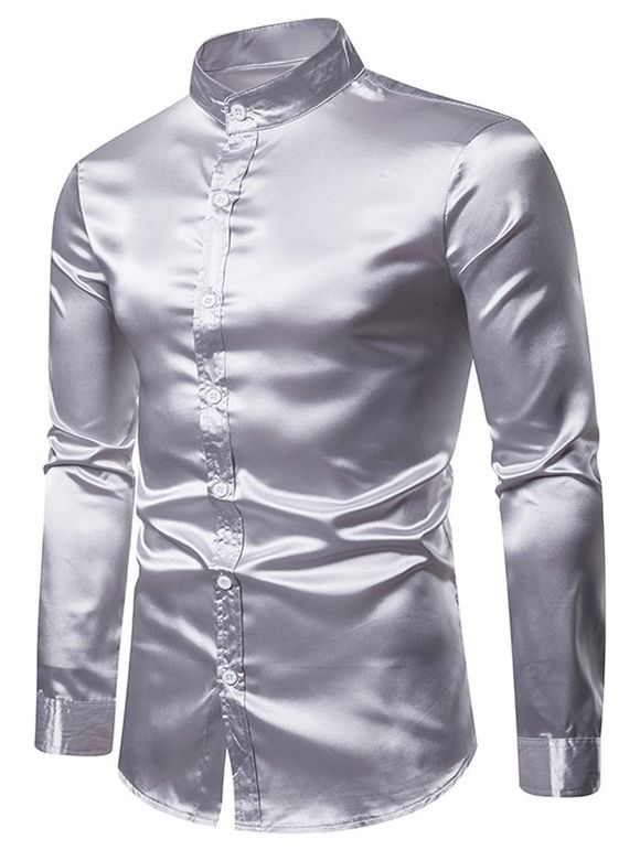 Chemise Boutonnée en Couleur Unie à Col Montant en Satin - Gris Clair M
