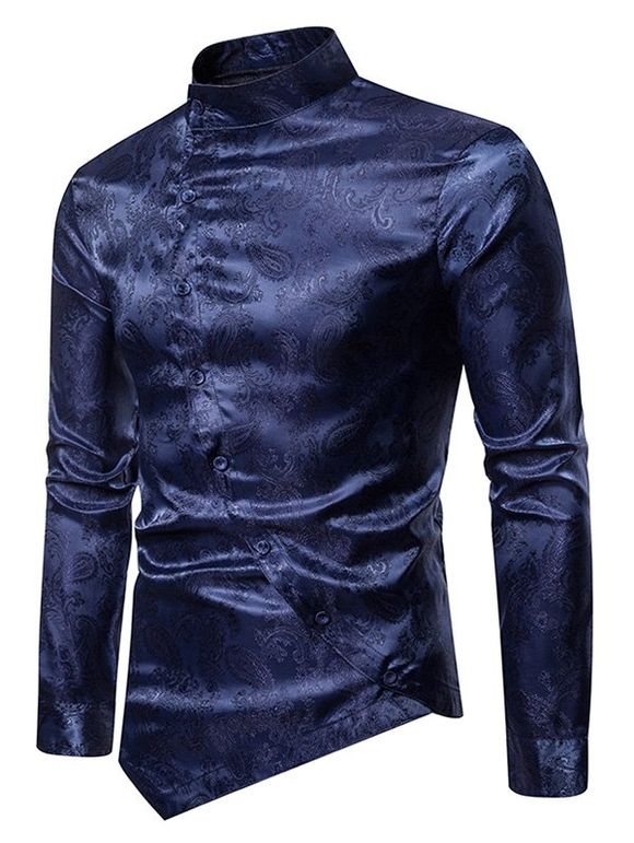 Chemise Asymétrique Boutonnée Cachemire à Col Montant - Cadetblue L