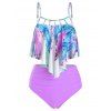 Tummy Control Tankini Swimsuit Bright Color Swimwear Flounce Feather Print Ruched Cut Out Beach Bathing Suit - multicolor L