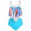 Tummy Control Tankini Swimsuit Bright Color Swimwear Flounce Feather Print Ruched Cut Out Beach Bathing Suit - multicolor L