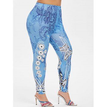 

Plus Size Floral Butterfly Print Skinny Leggings, Blueberry blue