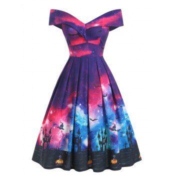 

Off Shoulder Pumpkin Bat Flared Halloween Dress, Multicolor