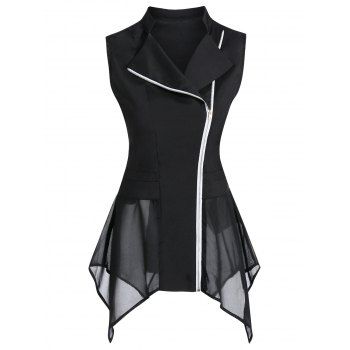 

Chiffon Insert Zip Up Asymmetric Vest, Black