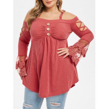 

Plus Size Cold Shoulder Cross Cross Ribbed T-shirt, Cherry red