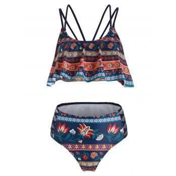 

Ditsy Print Lattice Flounce Bikini Swimsuit, Multicolor