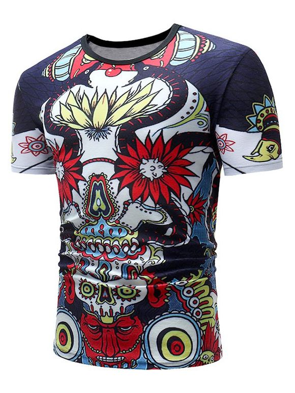 T-shirt Décontracté Fleur et Serpent Imprimés à Manches Courtes - Cadetblue XL
