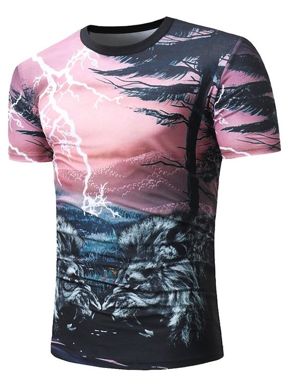 T-shirt Décontracté Motif de Lion Sauvage et Foudre Imprimés - Rose 3XL