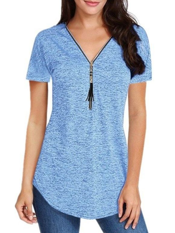 T-shirt Teinté Zip en Avant à Ourlet Incurvé à Frange - Bleu Ciel Léger 3XL