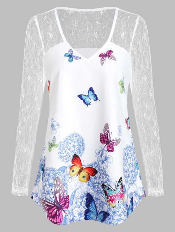 T-shirt Papillon Transparent Imprimé à Col V - Blanc M