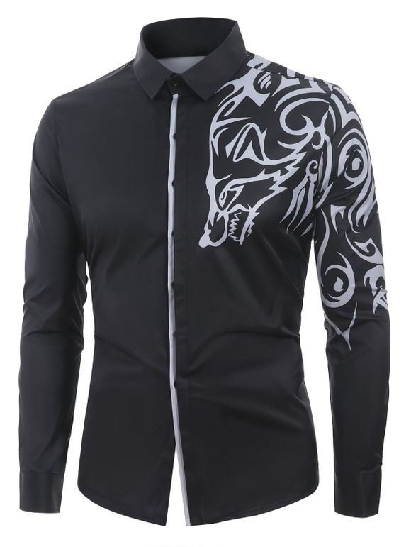 Chemise Décontractée Boutonnée Imprimée à Manches Longues - Noir 2XL