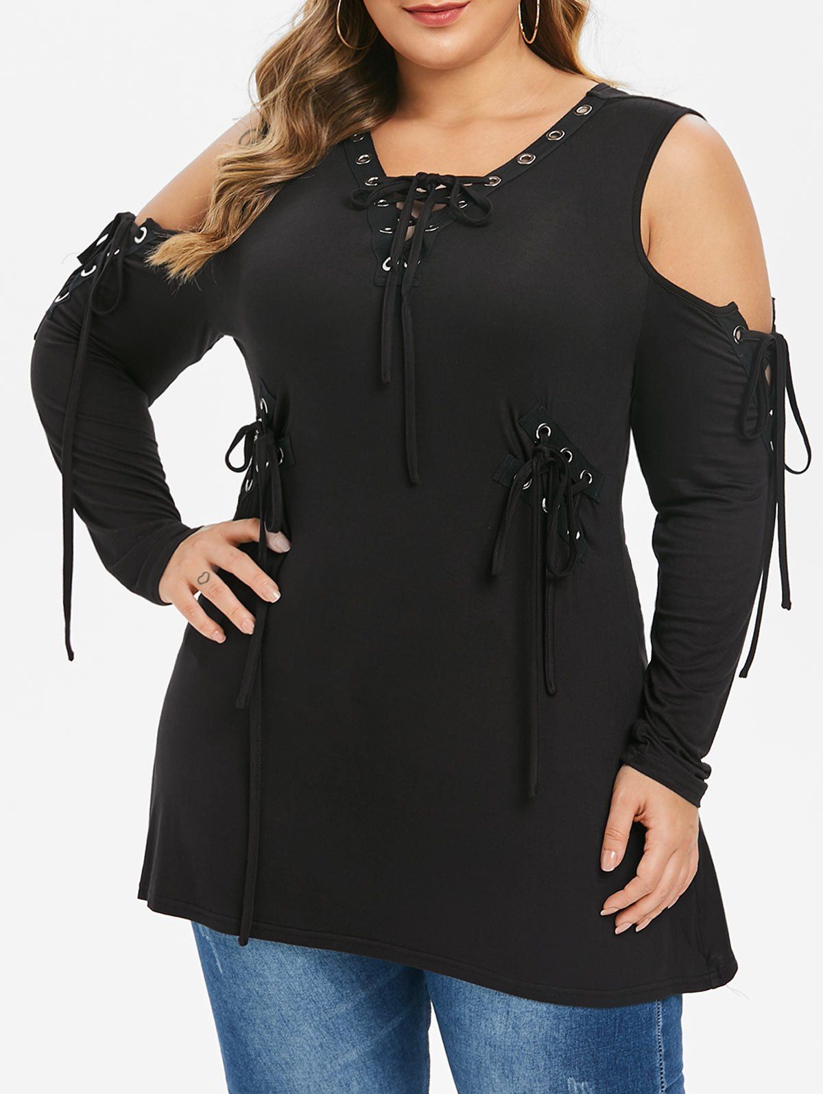 

Plus Size Lace Up Open Shoulder Gothic T-shirt, Black