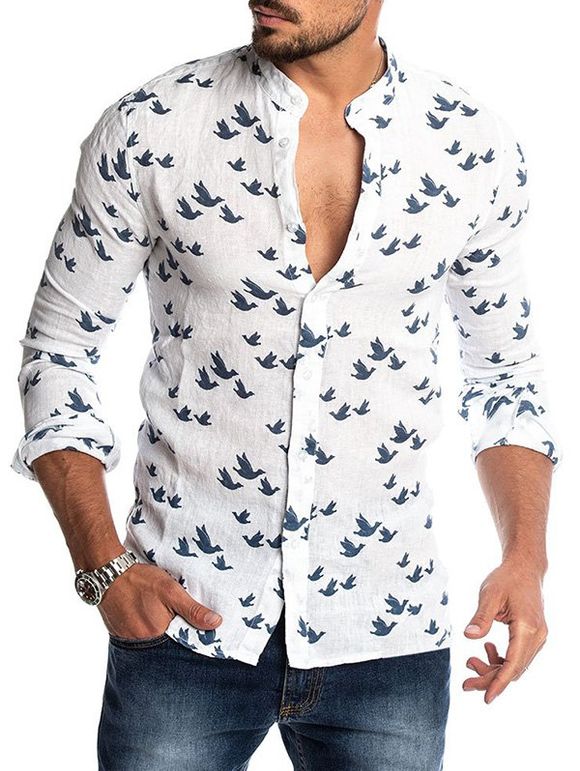 T-shirt Décontracté Oiseaux Imprimé à Manches Longues - Blanc 3XL