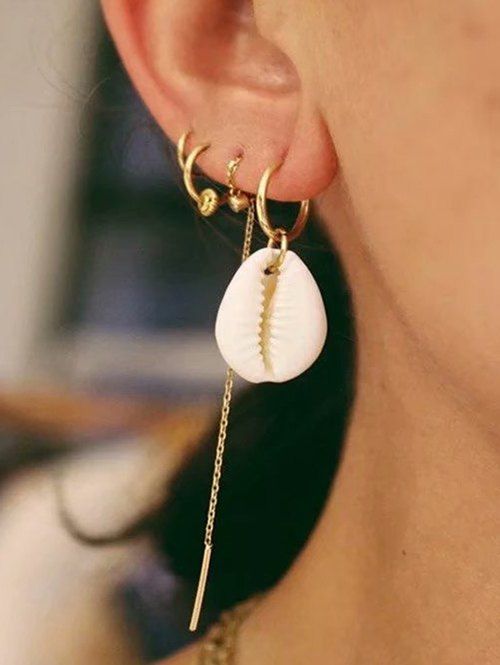 4Pcs Hoop Cowrie Shell Ear Thread Earrings Set - GOLD 
