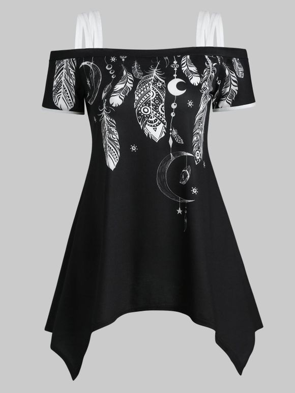 T-shirt Mouchoir Lune Imprimée à Epaule Dénudée en Mousseline - Noir M