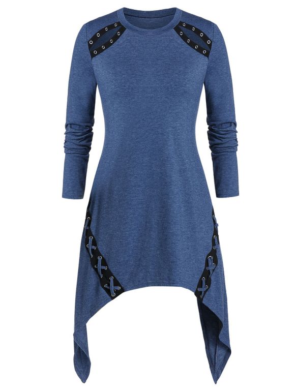 T-shirt Asymétrique Tunique de Grande Taille à Lacets avec œillet - Bleu Lapis 2X