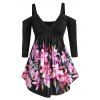 T-shirt Plongeant Fleuri Imprimé à Epaule Dénudée de Grande Taille - Noir L