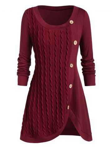 Plus Size Buttoned Front Slit Cable Knit Sweater