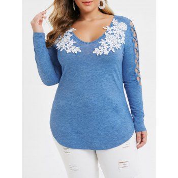 

Plus Size Applique Panel Lattice Dolphin Hem V Neck Tee, Light blue