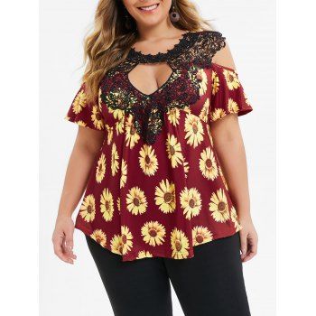 

Plus Size Cold Shoulder Sunflower Print T-shirt, Red wine