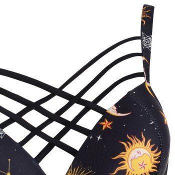 

Vintage Corset Moon Sun Tankini Swimsuit Star Print Lattice Retro Swimwear Set, Yellow