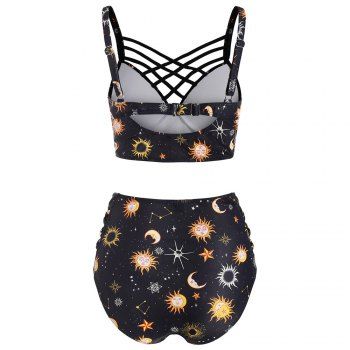 

Vintage Corset Moon Sun Tankini Swimsuit Star Print Lattice Retro Swimwear Set, Yellow
