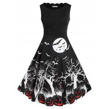 

Plus Size Bat Pumpkin Print Halloween Vintage Dress, Black