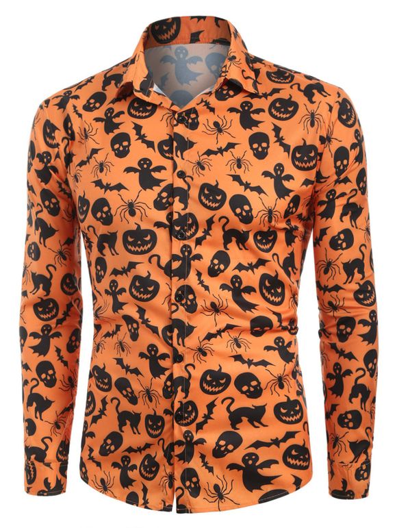 Chemise d'Halloween Décontractée Boutonnée Imprimée - Orange Citrouille XL
