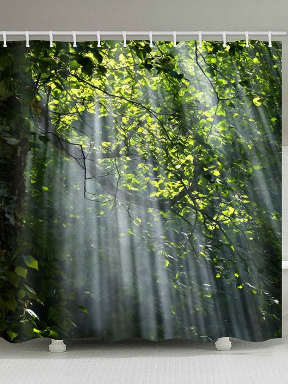 Rideau de Douche Imperméable Feuille et Lumière de Soleil Imprimés pour Salle de Bain - Vert Forêt Moyen W71 X L79 INCH