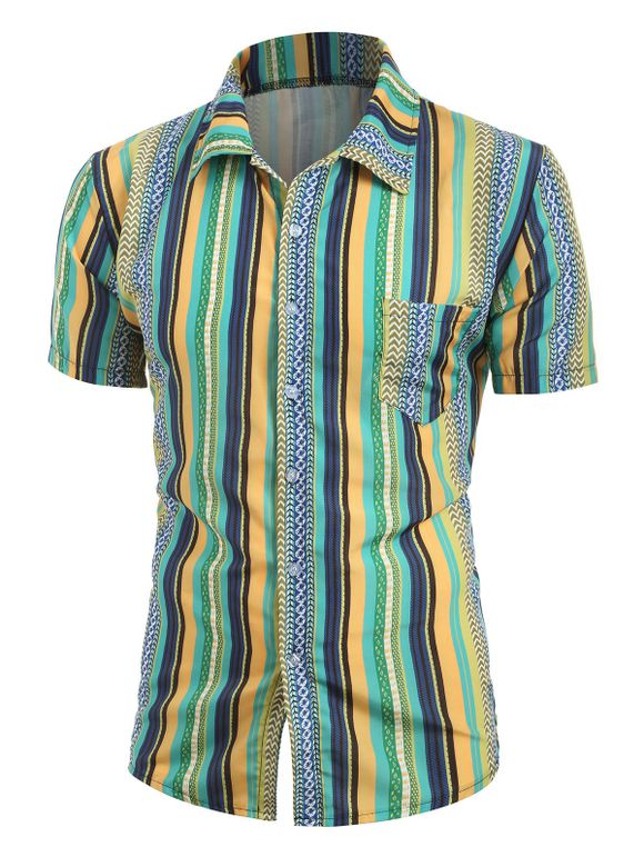 Chemise Vintage Boutonnée à Rayure avec Poche - Turquoise L