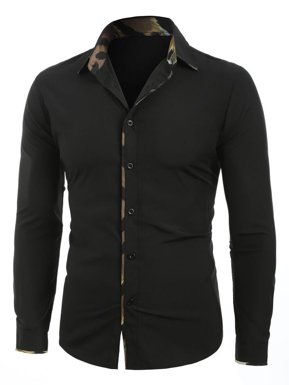Chemise Boutonnée à Ourlet Léopard à Manches Longues - Noir S
