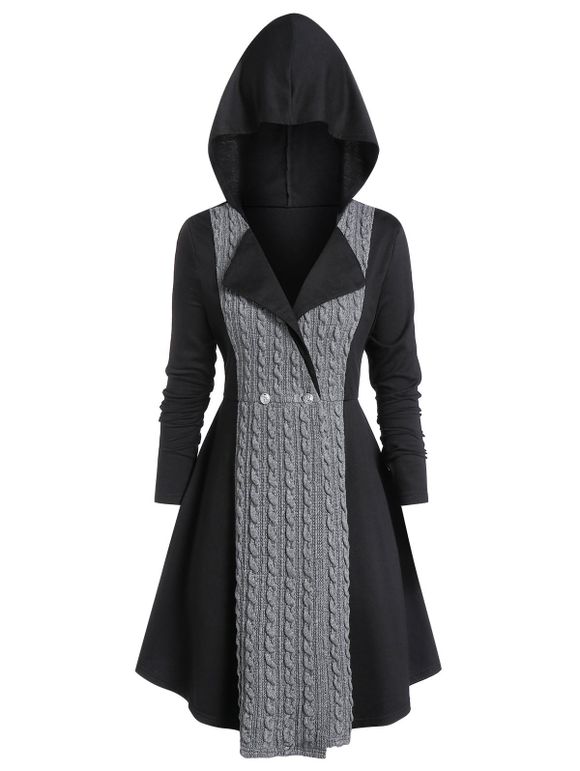 Manteau à Capuche Tunique Contrasté Grande Taille - Noir 5X