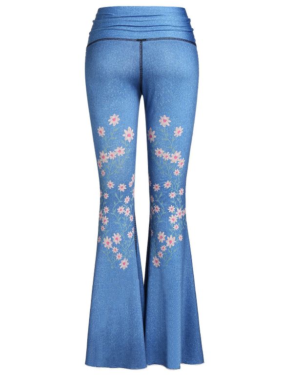 Pantalon Fleuri Imprimé à Jambe Large à Volants - Bleu Koi 2XL