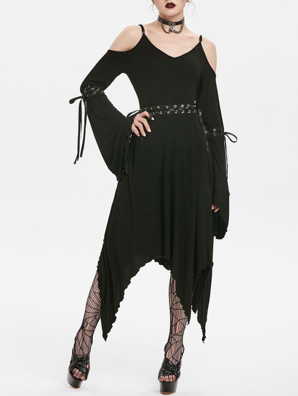 Robe Asymétrique Gothique à Manches de Cloche à Lacets - Noir M