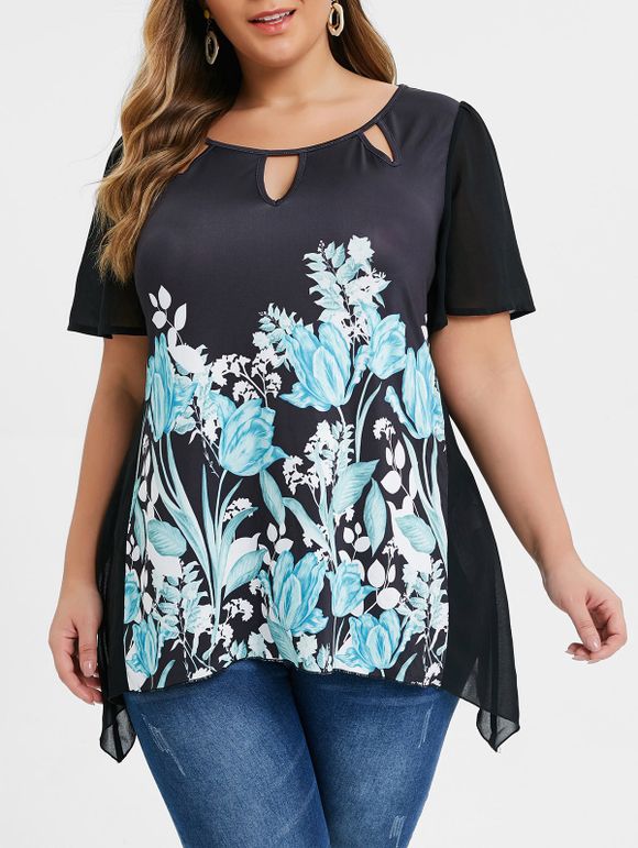 T-shirt à manches longues en tulle imprimé floral de grande taille - Noir 5X