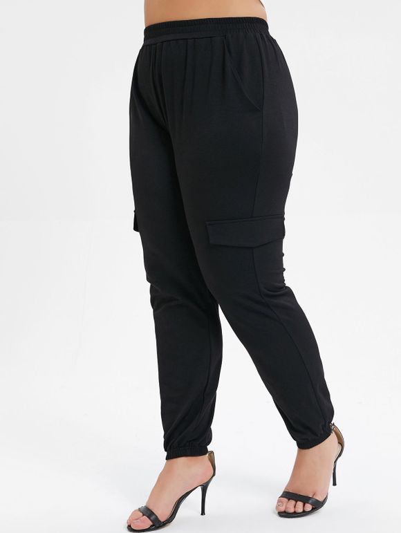 Plus Size Elastic Waist Pocket Solid Jogger Pants - BLACK 1X