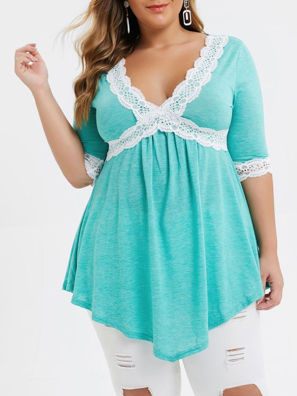 T-shirt Evasé Contrasté à Col Plongeant de Grande Taille - Turquoise Moyenne L