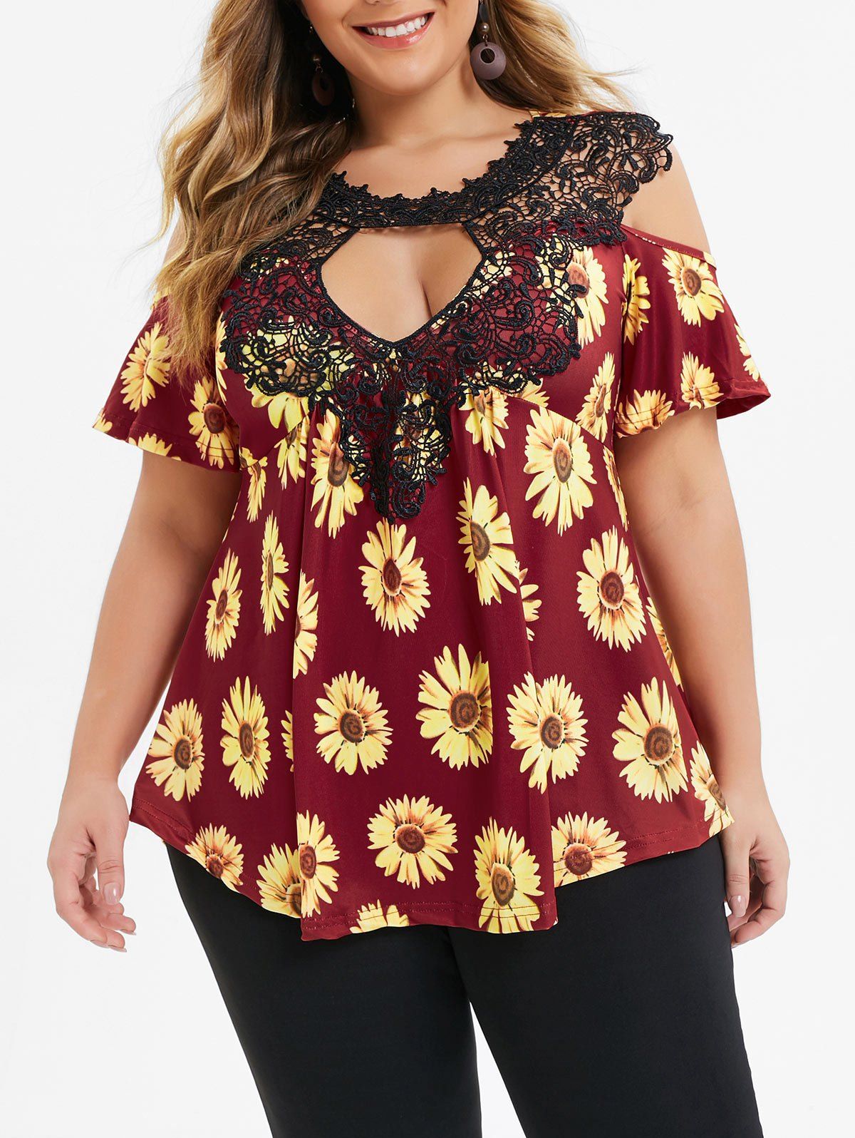 [33% OFF] 2021 Plus Size Cold Shoulder Sunflower Print T-shirt In RED ...