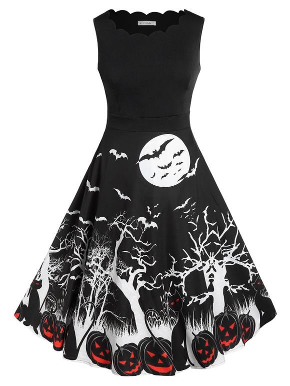 Plus Size Bat Pumpkin Print Halloween Vintage Dress - BLACK L