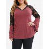 T-shirt Fleuri en Dentelle Insérée Manches Evasées de Grande Taille - Rouge Vineux 1X