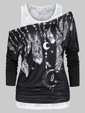 Allover Floral Lace Tank Top and Feather Moon Print Skew Neck T Shirt Set