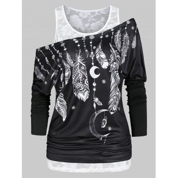 

Allover Floral Lace Tank Top and Feather Moon Print Skew Neck T Shirt Set, Black