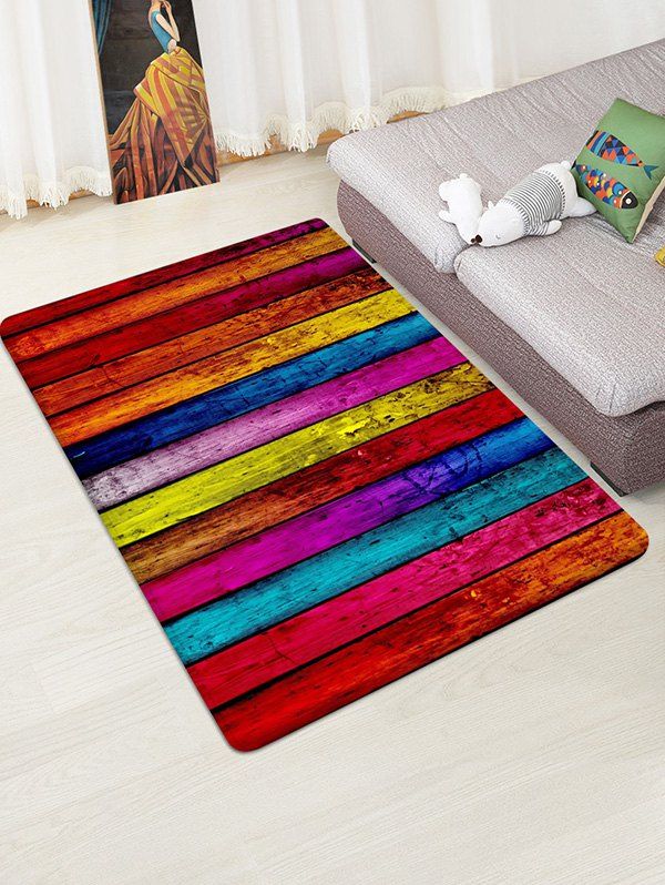 

Colorful Plank Pattern Print Flannel Floor Mat, Rose red