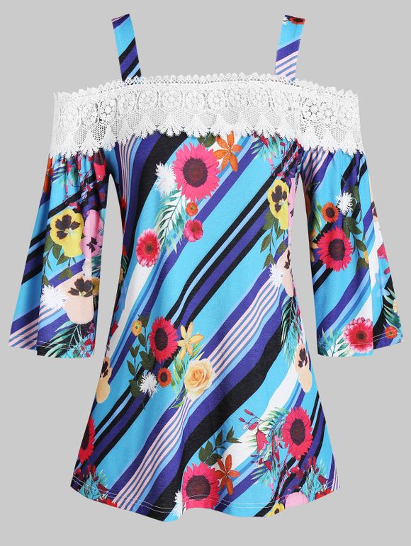 T-shirt Fleur Rayé Panneau en Dentelle à Epaule Dénudée de Grande Taille - multicolor 5X