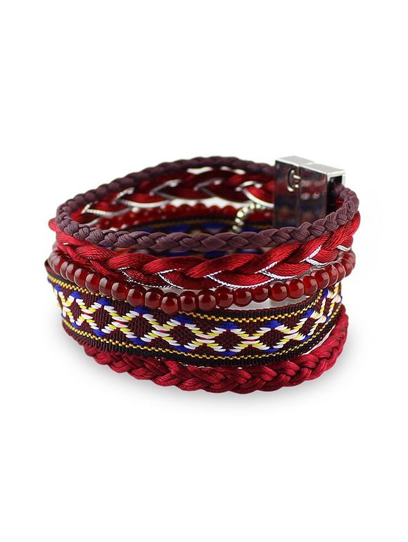 Bracelet Ethnique Trassé Style Bohémien - Rouge Vineux 