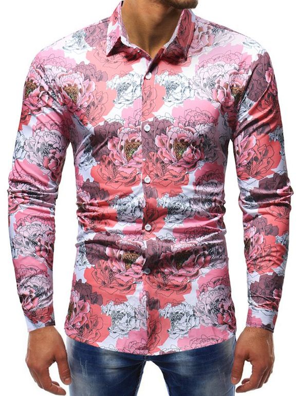 Chemise boutonnée à fleurs avec blocs de couleurs - Rose M