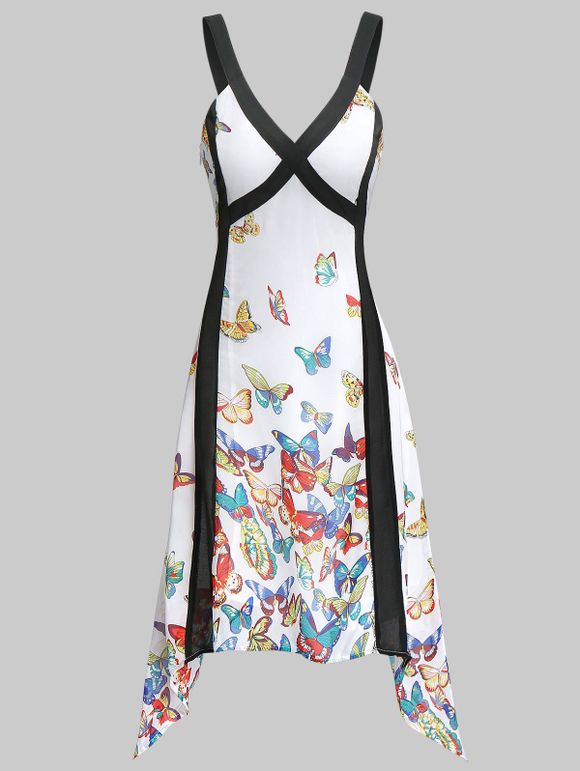 Robe Mouchoir Mi-Longue Plissée Plongeant Papillon Imprimé - multicolor A XL