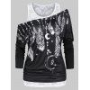 Allover Floral Lace Tank Top and Feather Moon Print Skew Neck T Shirt Set