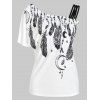 T-shirt Plume Imprimée Une Manches à Col Oblique - Blanc 3XL