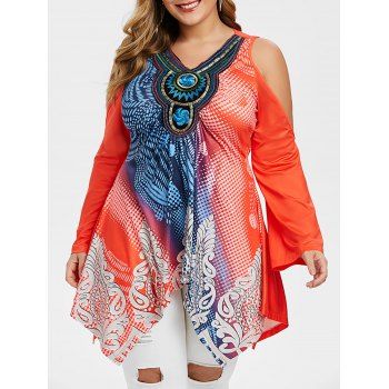 

Handkerchief Embroidered Printed Open Shoulder Plus Size Top, Orange