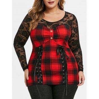 

Plus Size See Thru Plaid Panel Lace Up T Shirt, Lava red